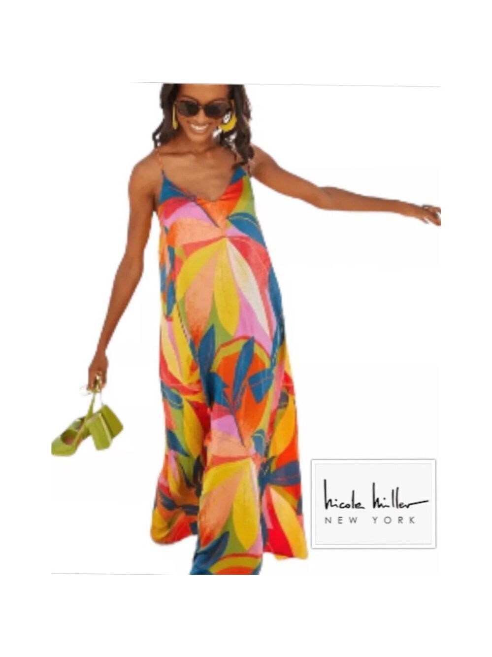 Nicole Miller NY Retro Pop Art Print Chiffon Shift Vibrant Maxi Dress Size Med